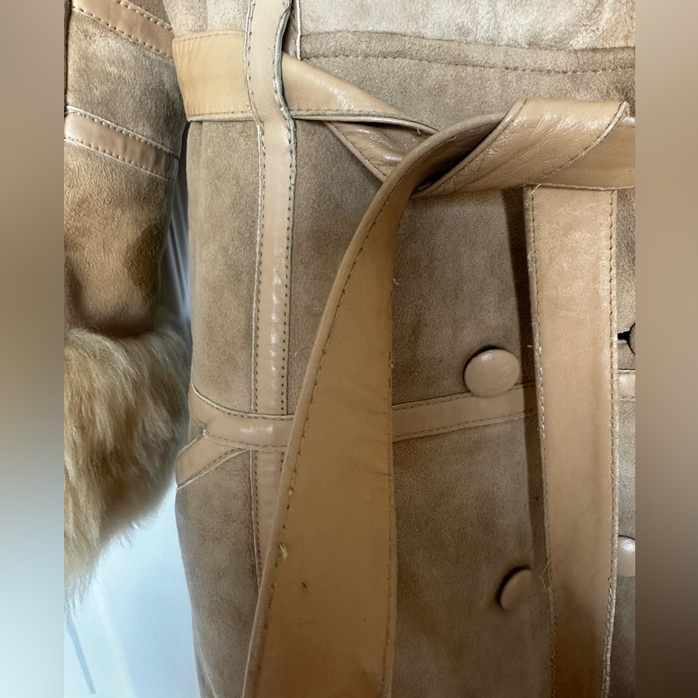 Penny Lane French Shearling Fur Vintage Suede Trench Coat with Leather Belt - Picture 16 of 16